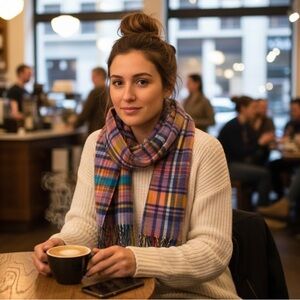 Fraas Cash-mink Scarf in Pink and Blue Tartan